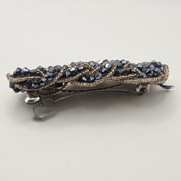 Vintage Gold-tone Barrette Set Woven Black Faceted Beads Hair Clips Glam Bridal main image 5